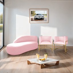 Kit Divã Luna 140cm Lado Esquerdo e 02 Poltronas Base de Ferro Dourado Suede Doce Sonho Móveis Rosa  - 2