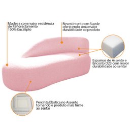 Kit Divã Luna 140cm Lado Esquerdo e 02 Poltronas Base de Ferro Dourado Suede Doce Sonho Móveis Rosa  - 5