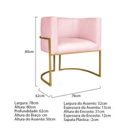 Kit Divã Luna 140cm Lado Esquerdo e 02 Poltronas Base de Ferro Dourado Suede Doce Sonho Móveis Rosa  - 4