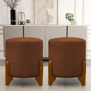 Kit 2 Puff Redondo Veludo com Pés em Madeira Maciça Decorativo Sala Quarto - Terracota