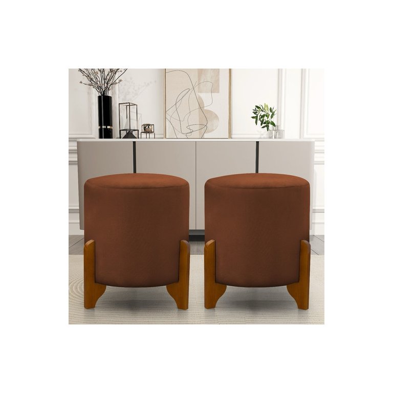 Kit 2 Puff Redondo Veludo com Pés em Madeira Maciça Decorativo Sala Quarto - Terracota Kit 2 Puff Redondo Veludo com Pés em Madeira Maciça Decorativo Sala Quarto - Terracota