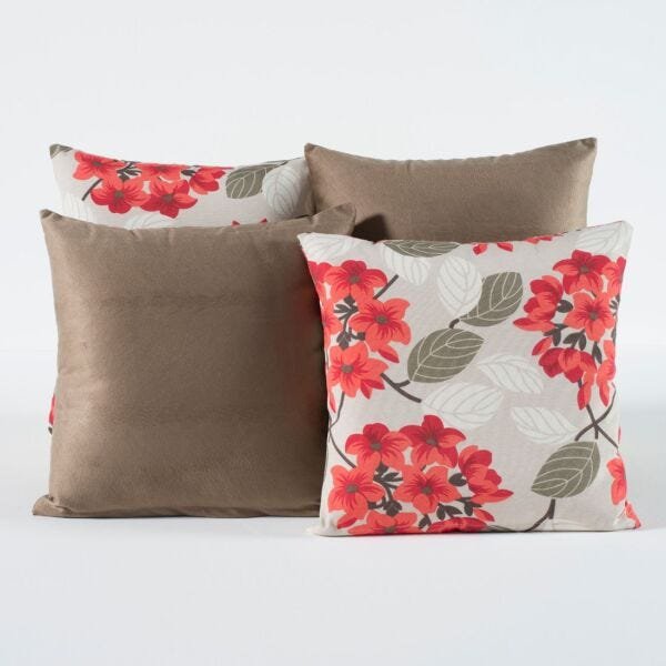 Kit com 4 Almofadas Cheias Decorativas Floral Vermelho/Caqui 04 Peças com Refil - 1