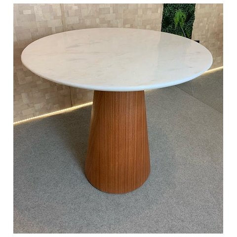 Mesa de Jantar Cone 70cm Base Madeira Natural Mogno e Tampo Mármore Branco Extra
