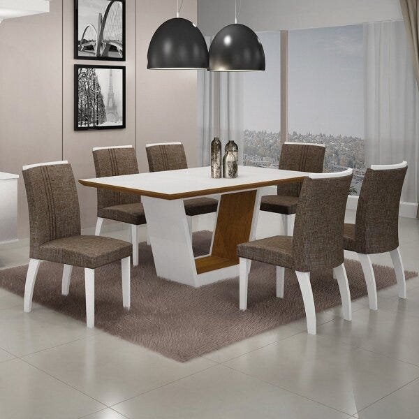 Conjunto Sala de Jantar Mesa Tampo MDF/Vidro 6 Cadeiras Linho Alemanha Leifer Flex Color - 1
