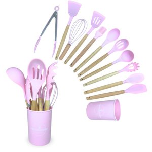 Jogo de Cozinha Kit C/12 Peças de Silicone, Utensílios e Copo Suporte para Cozinha Cabo de Madeira -