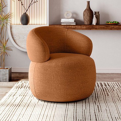 Poltrona Design Sofisticado Orgânica Fino Acabamento Eloah Base Giratória Bouclé Italiano Terra