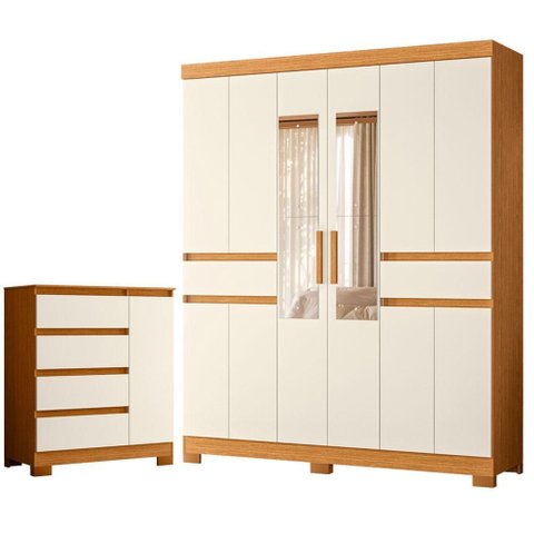Guarda Roupa Casal Olimpia 10 Portas com Espelho e Cômoda Sapateira Olimpia Cinamomo Off White - m