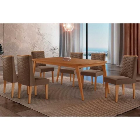 Sala de Jantar Completa Havana C/ Tampo Madeirado Canto Curvo 180x90cm e 6 Cadeiras Dafne Naturale