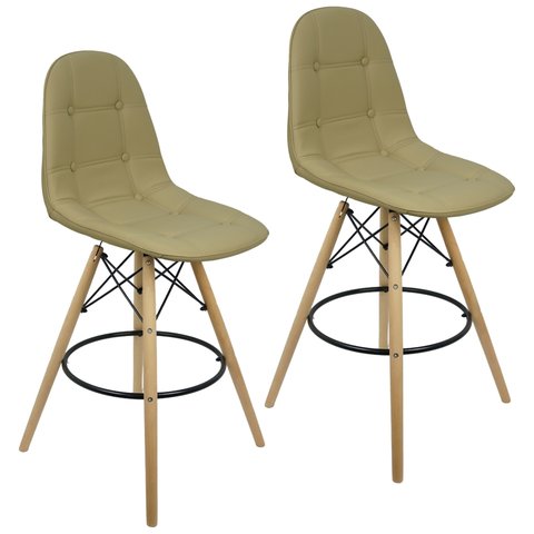 Kit 2 Banquetas Botonê Eiffel Assento Couro Base Fixa Madeira - Bege