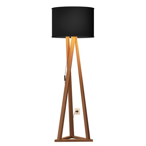 Luminária Tripé Moderna Ibiza Sala Leitura Luxo com Cupula e Pés em Madeira Cor Preto