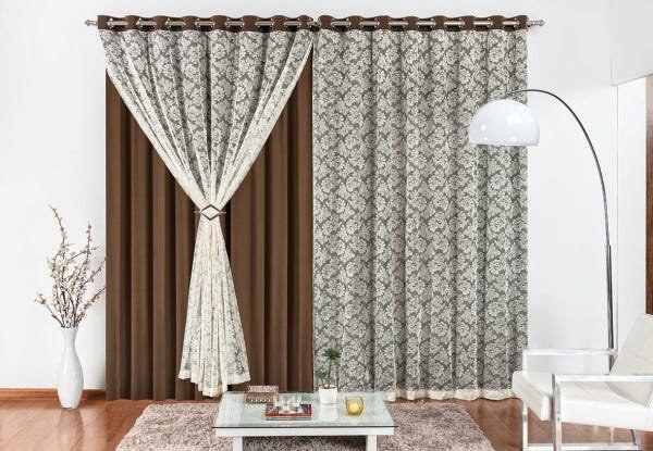 Cortina Yasmin Varão Simples 2,00m x 1,70m Malha com Renda Cor : Tabaco - 1