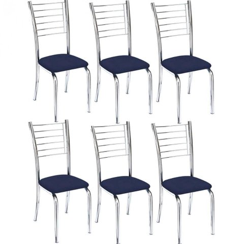 Kit 6 Cadeiras de Jantar Lara Cromada para Cozinha Assento Sintético Azul Marinho - Aurora Line