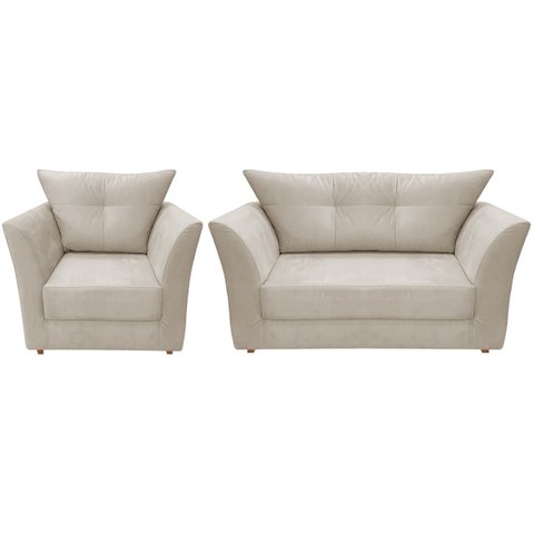 Kit Namoradeira + 1 Poltrona Decorativa Isis Suede Bege Pés Madeira Ms Decor