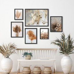 Kit Composição 6 Quadros Neutros Folhas e Flores Secas:madeira Preta - 1