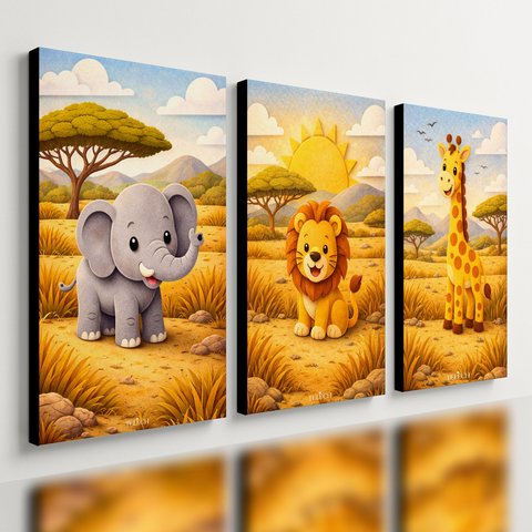Kit 3 Quadro Decorativo Savana Infantil Leão Bebê Meninos Moderno 28x20cm