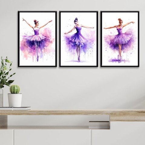 Kit 3 Quadros Bailarinas Lilás - Aquarela 45x34cm:moldura Branca