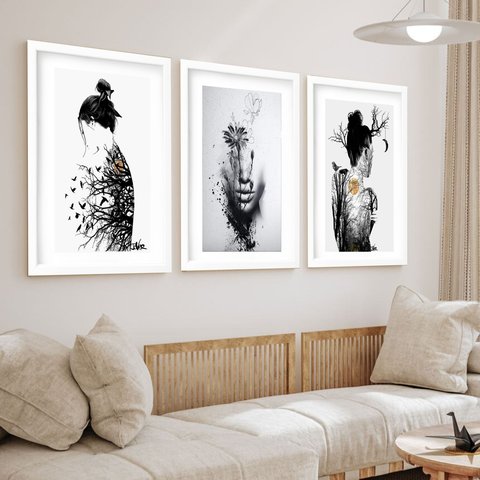 Kit 3 Quadros Grandes Surrealismo Mulheres Floresta 60x48cm:moldura Branca