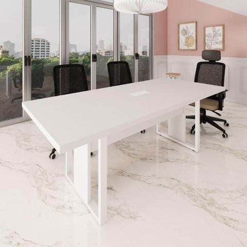 Mesa de Reunião Industrial 200cm Branco 1 Caixa de Tomada F5 Office