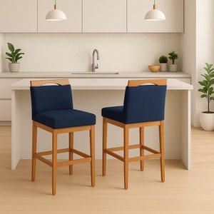 Kit 2 Banquetas Alta Lyara em Madeira Maciça com Encosto Estofada Marinho Móveis Banqueta Lyara Azul