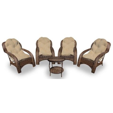 Conjunto de Poltronas Fibra Sintética Lisboa - 4 Poltronas + 1 Mesa Centro - Tecido Duna Deserto