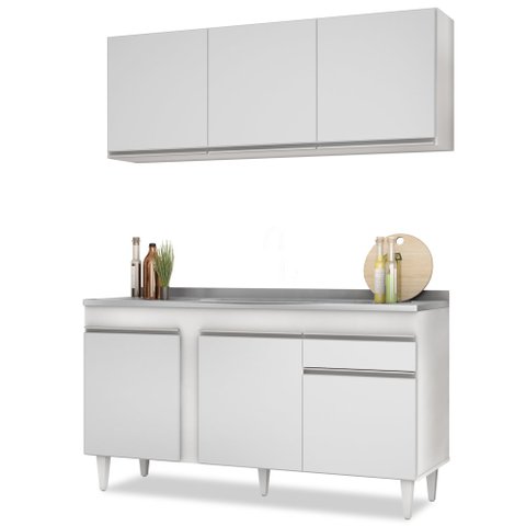Armário Aéreo Argélia e Balcão Gabinete com Pia Inox 150cm Dakota Branco - Lumil Lumil Móveis Argéli