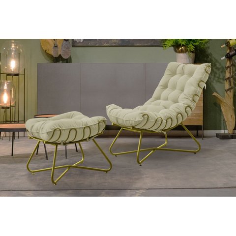 Poltrona Costela Luxo com Puff Eva Metal Dourado Veludo Bege