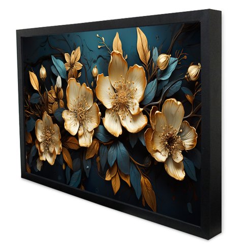 Quadro Decorativo Floral Luxo Flores Douradas em Moldura Caixa TaColado Moldura Caixa 3cm Preta sem 