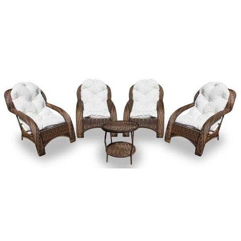 Conjunto de Poltronas Fibra Sintética Lisboa - 4 Poltronas + 1 Mesa Centro - Tecido Duna Cru