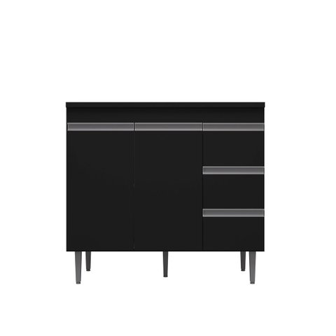 Balcão de Cozinha para Pia 100cm 2 Portas 3 Gavetas com Tampo Andréia MDP Preto/Preto Multiuso