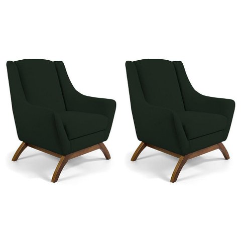 Kit 02 Poltronas Fixa Base De Madeira Veludo Verde