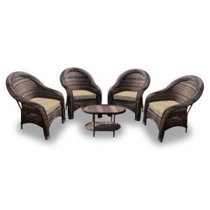 Conjunto de Poltronas Fibra Sintética Tóquio - 4 Poltronas + 1 Mesa Centro - Tecido Duna Deserto