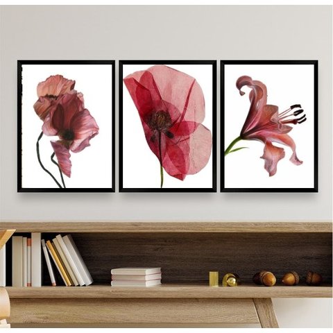 Kit 3 Quadros Decorativos Modernos Flores- Vinho Marsala 24x18cm:madeira Branca