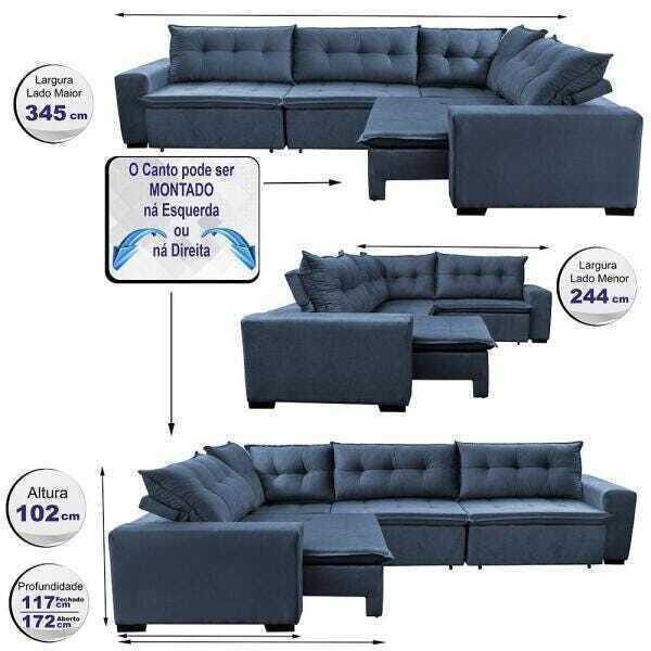 Sofá de Canto Retrátil e Reclinável com Molas Cama Inbox Oklahoma 3,45x2,41 ou 2,41x3,45 Azul - 2