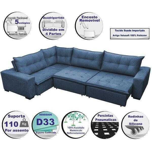 Sofá de Canto Retrátil e Reclinável com Molas Cama Inbox Oklahoma 3,45x2,41 ou 2,41x3,45 Azul - 3
