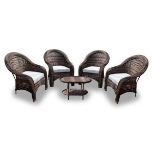 Conjunto de Poltronas Fibra Sintética Tóquio - 4 Poltronas + 1 Mesa Centro - Tecido Duna Cru