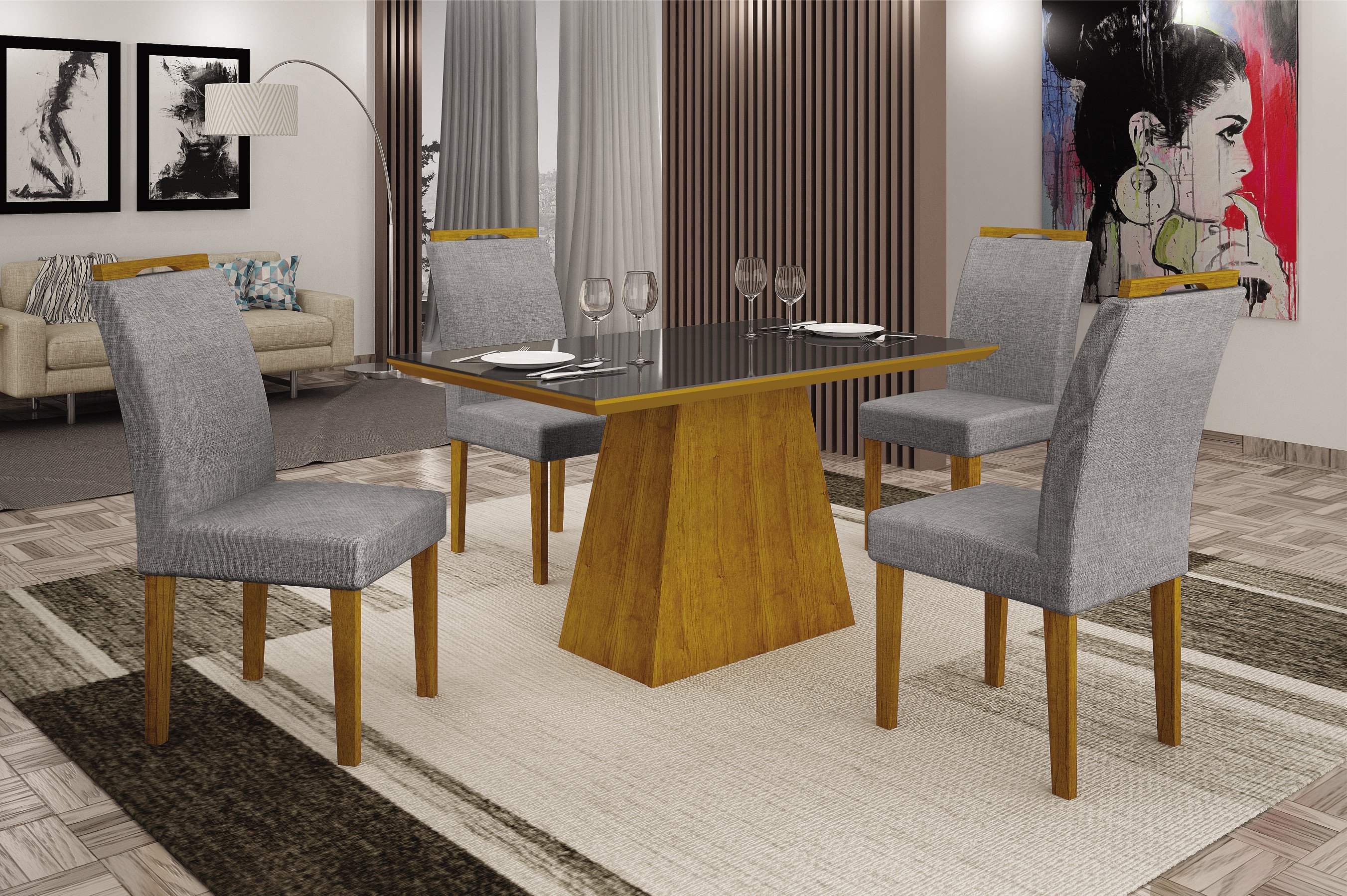 Conjunto Sala de Jantar Mesa Tampo MDF/Vidro com 4 Cadeiras