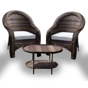 Conjunto de Poltronas Fibra Sintética Tóquio - 2 Poltronas + 1 Mesa Centro - Tecido Duna Cru