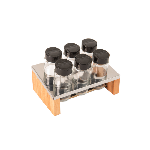 Kit Porta Tempero Condimentos Cozinha - Suporte com 6 Potes em Vidro Essence