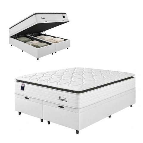 Cama Box Baú Casal Queen Colchão Molas Ensacadas com Pillow Sevilha 158x198x74cm Branco/Cinza