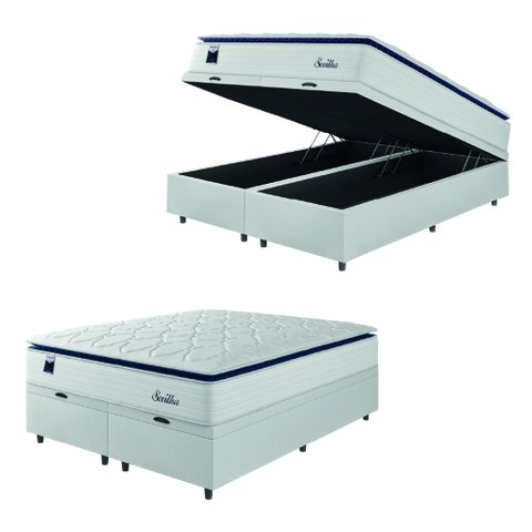 Cama Box Baú Casal Queen Colchão Molas Ensacadas com Pillow Sevilha 158x198x74cm Branco/cinza