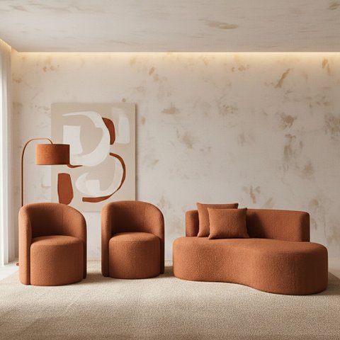 Conjunto Decorativo 02 Poltronas + Sofá Curvo Orgânico Nature Gaia Boucle Terracota - Montanaris Dec