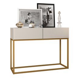 Aparador Buffet Pequeno Offwhite Eros 90cm Pes Ferro Dourado 2 Gavetas Decoração Escritorio Recepção - 1