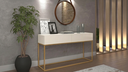 Ver imagem 1 de Aparador Buffet Pequeno Offwhite Eros 90cm Pes Ferro Dourado 2 Gavetas Decoração Escritorio Recepção