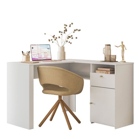 Mesa Escrivaninha Computador com Prateleira 1 Gaveta Escritorio Quarto Home Office Flora - Branco