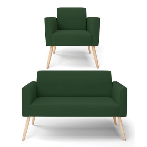 Sofá Namoradeira com Poltrona Pés Palito Natural Marisa Veludo Verde D03 - D'Rossi