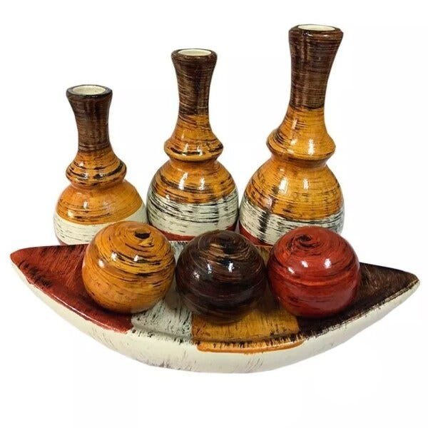 Trio de Vasos Africano E Barca 3 Bolas - Mostarda Mesclada