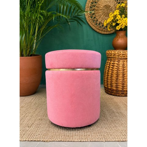 Puff com Cinta Superior Dourada Rosa Antigo Veludo - Let Móveis