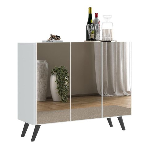 Aparador Buffet 3 Portas com Espelho Retrô Vegas Multimóveis V1013 Branco/Preto