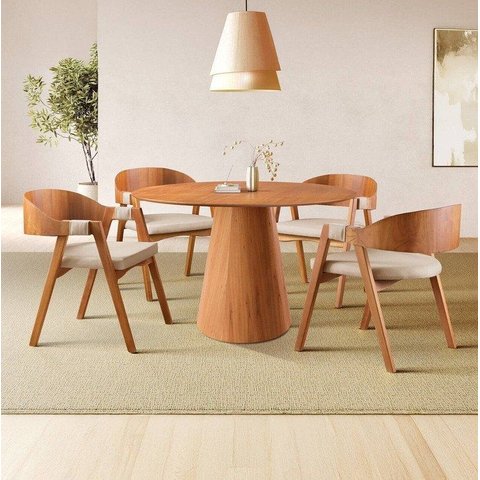Conjunto Sala de Jantar Mesa Cone Amadeirada 120 cm + 4 Cadeiras Luna