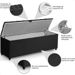 Recamier Baú Berlim Veludo Preto Solteiro 80cm Estofado Pés Pvc Preto - 5